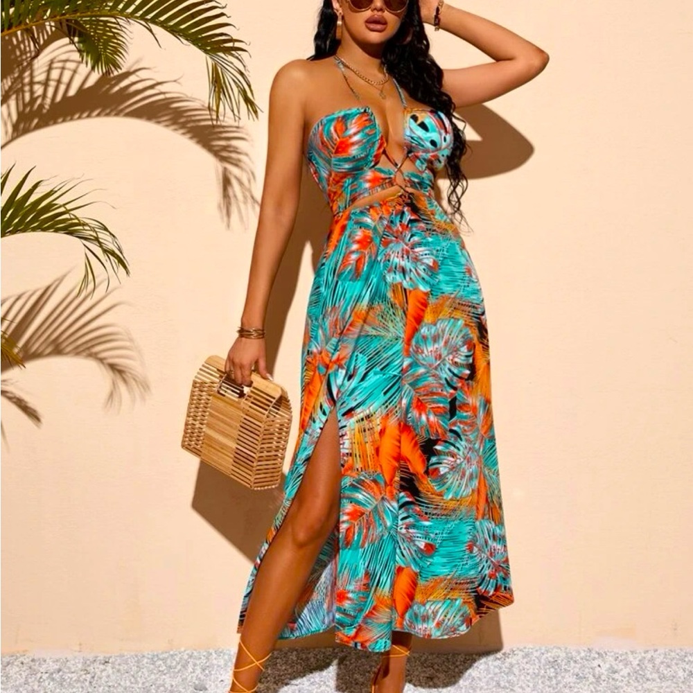 Tropical Print Split Thigh Halter Dress ✨ cyber Monday sales✨